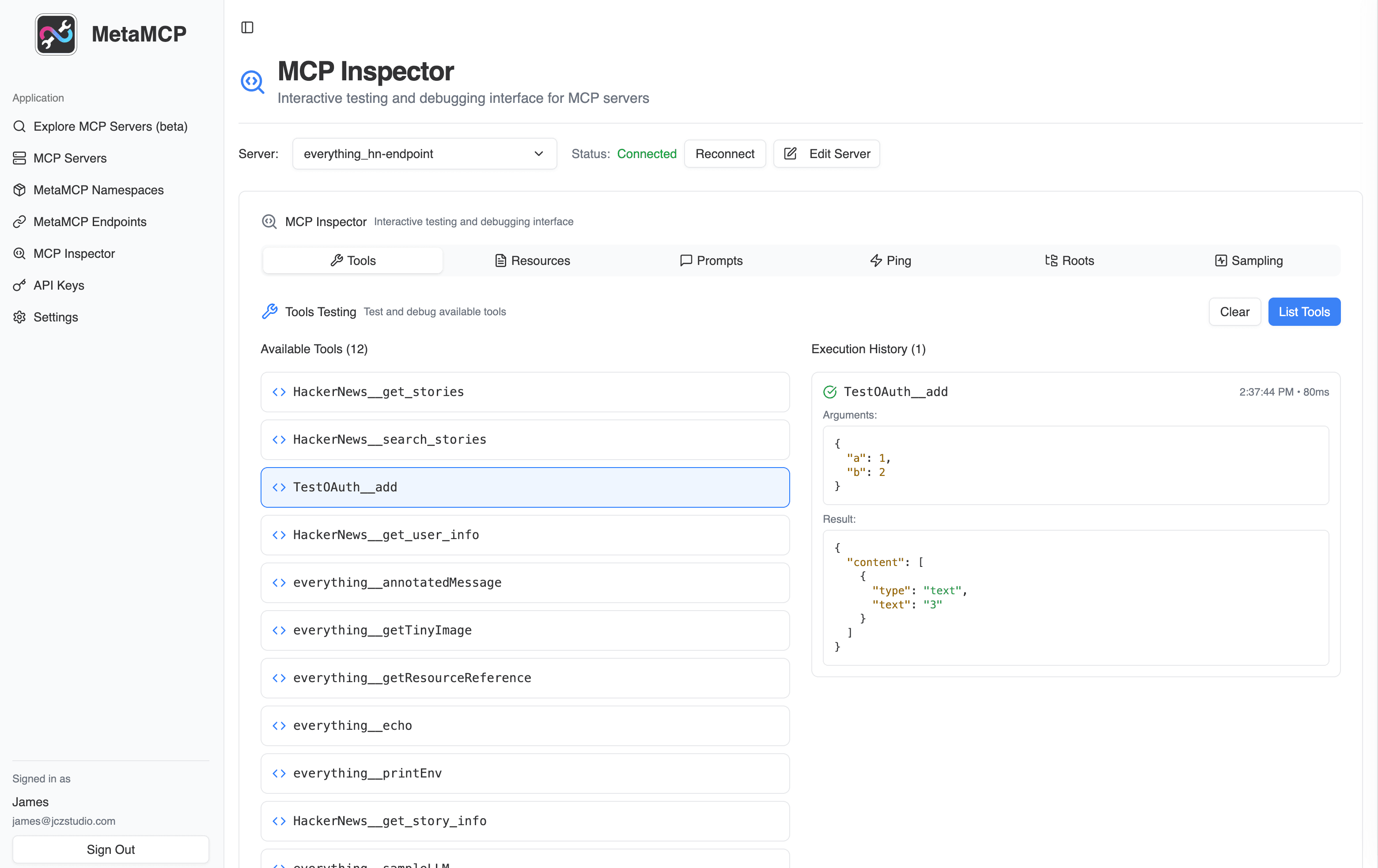 MetaMCP Management Interface screenshot